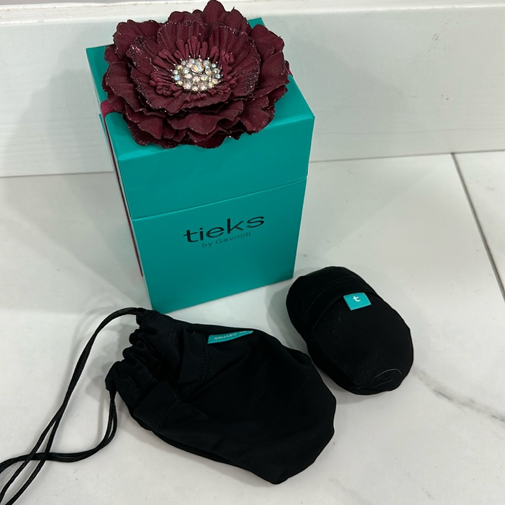 Tieks box with burgundy flower, tote and shoe bag